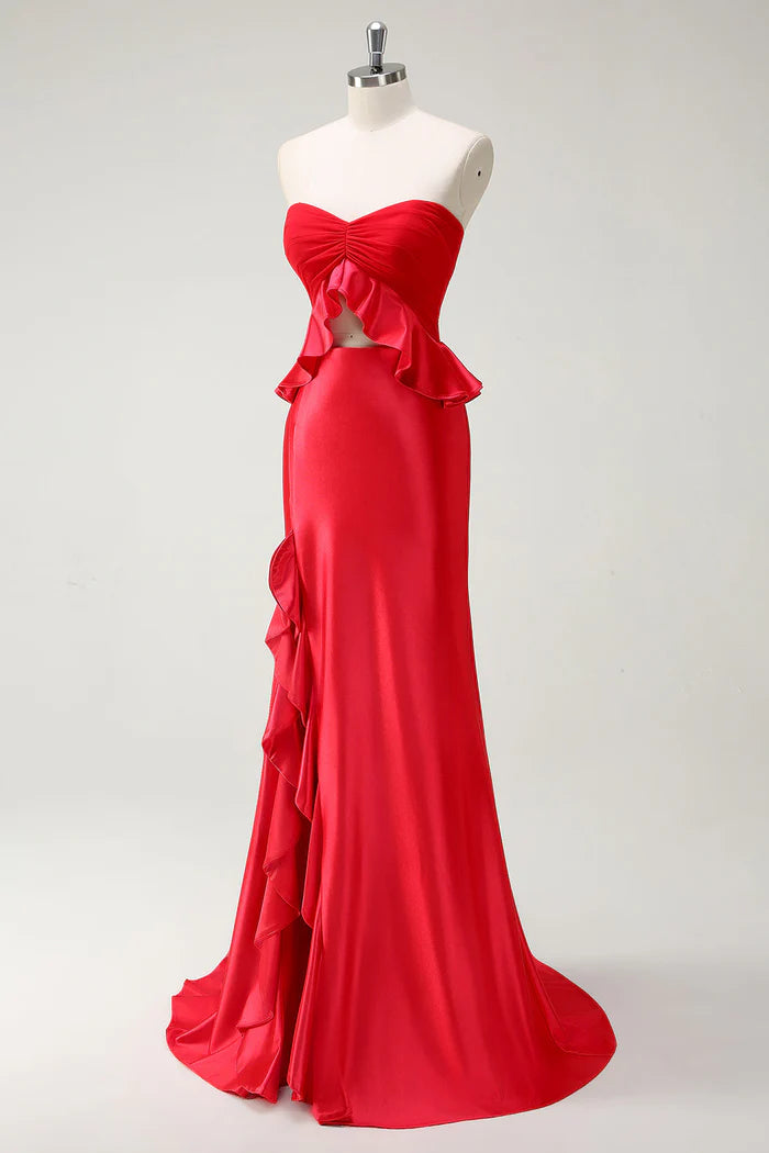 Weitese Dress Red Sweetheart Mermaid Ruffles Maxi Dress Prom Dress With Slit Evening Dress